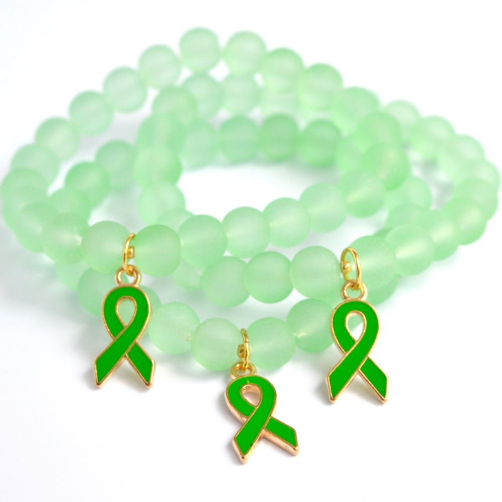 Mental Health Awareness Green Ribbon Seaglass Beaded Bracelet